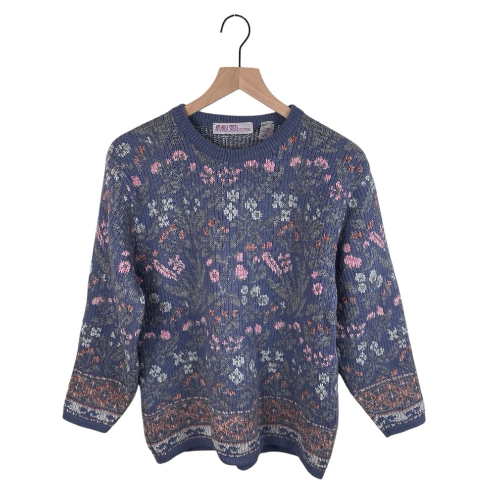Vintage 80s 90s Amanda Smith Dusty Blue Pastel Floral Sweater Cottage Size Large